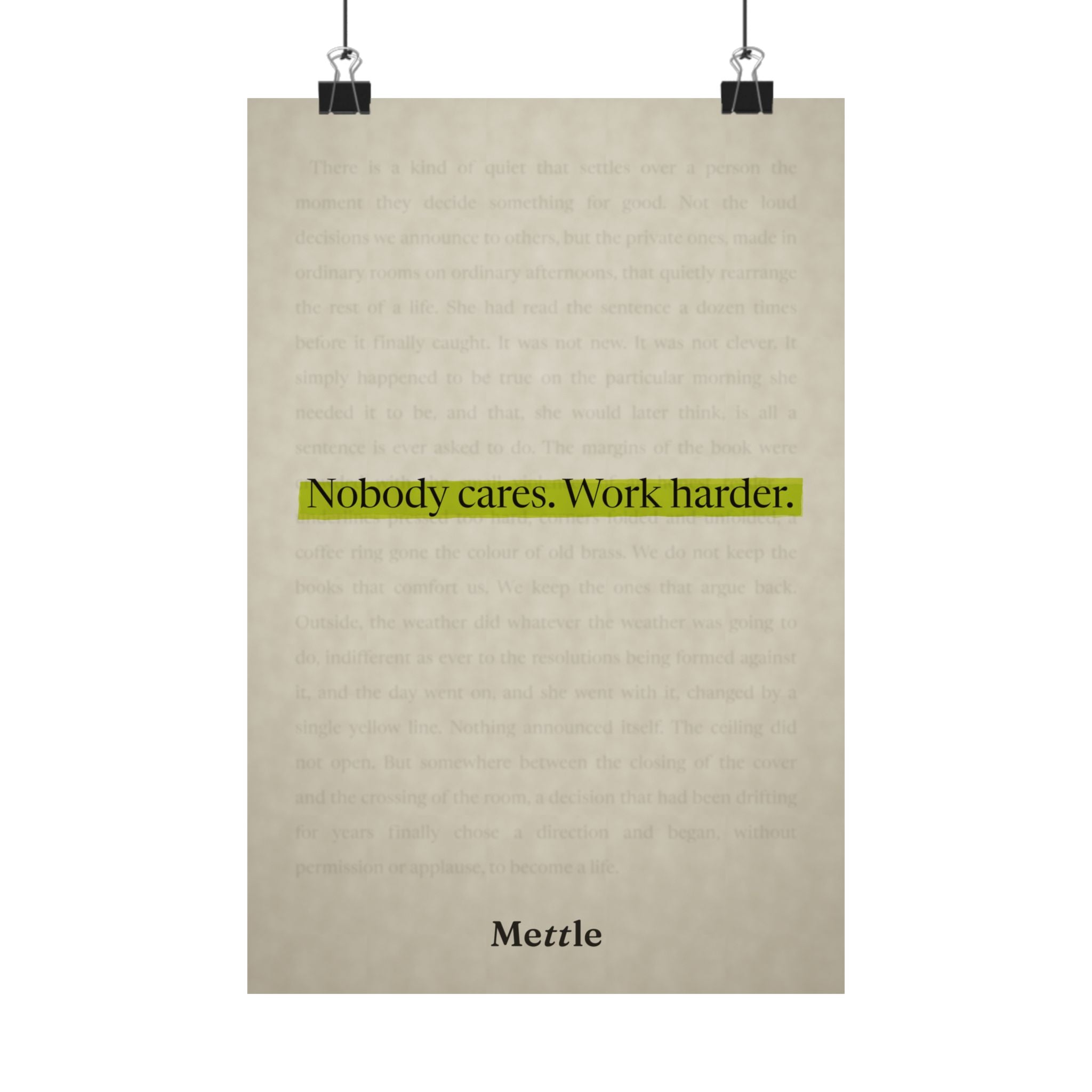 Mettle — Nobody Cares, Work Harder motivational discipline poster, gym office and home wall art