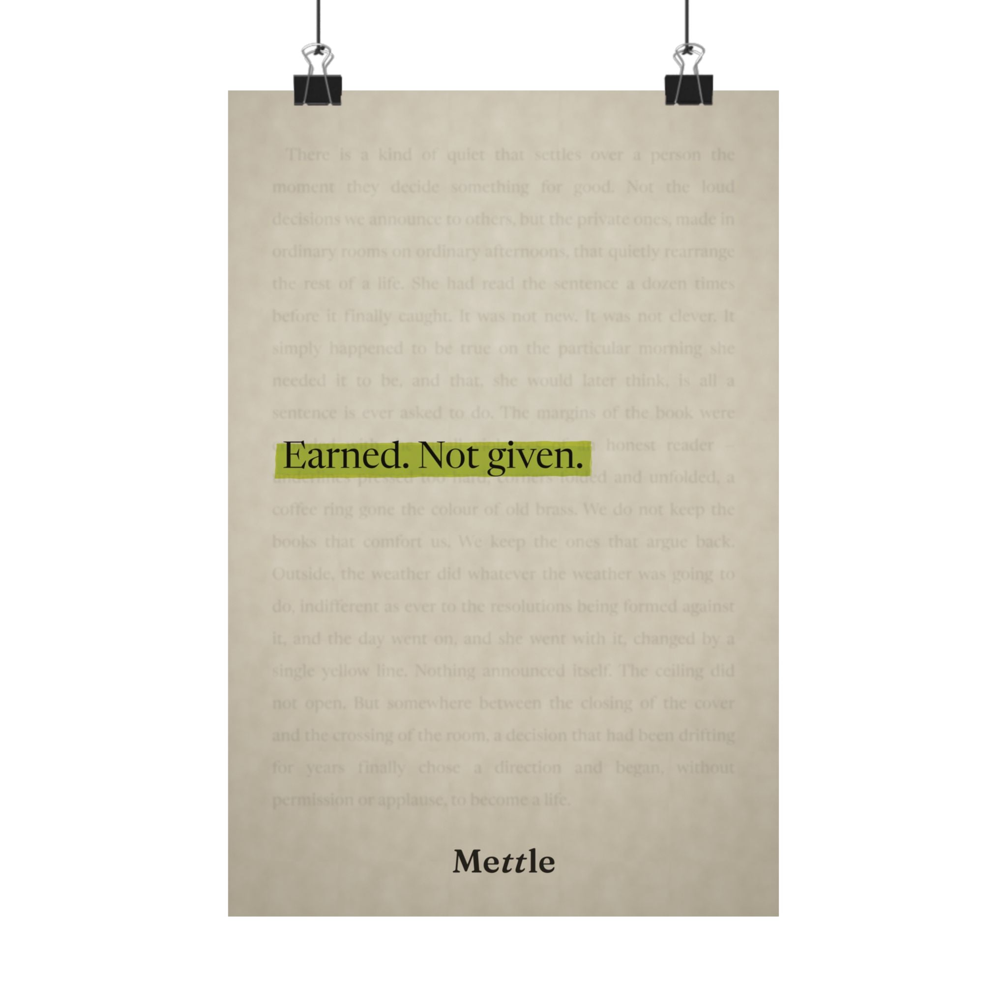 Mettle — Earned Not Given motivational discipline poster, gym office and home wall art