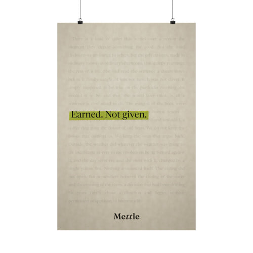 Mettle — Earned Not Given motivational discipline poster, minimalist highlighted quote, gym office and home wall art